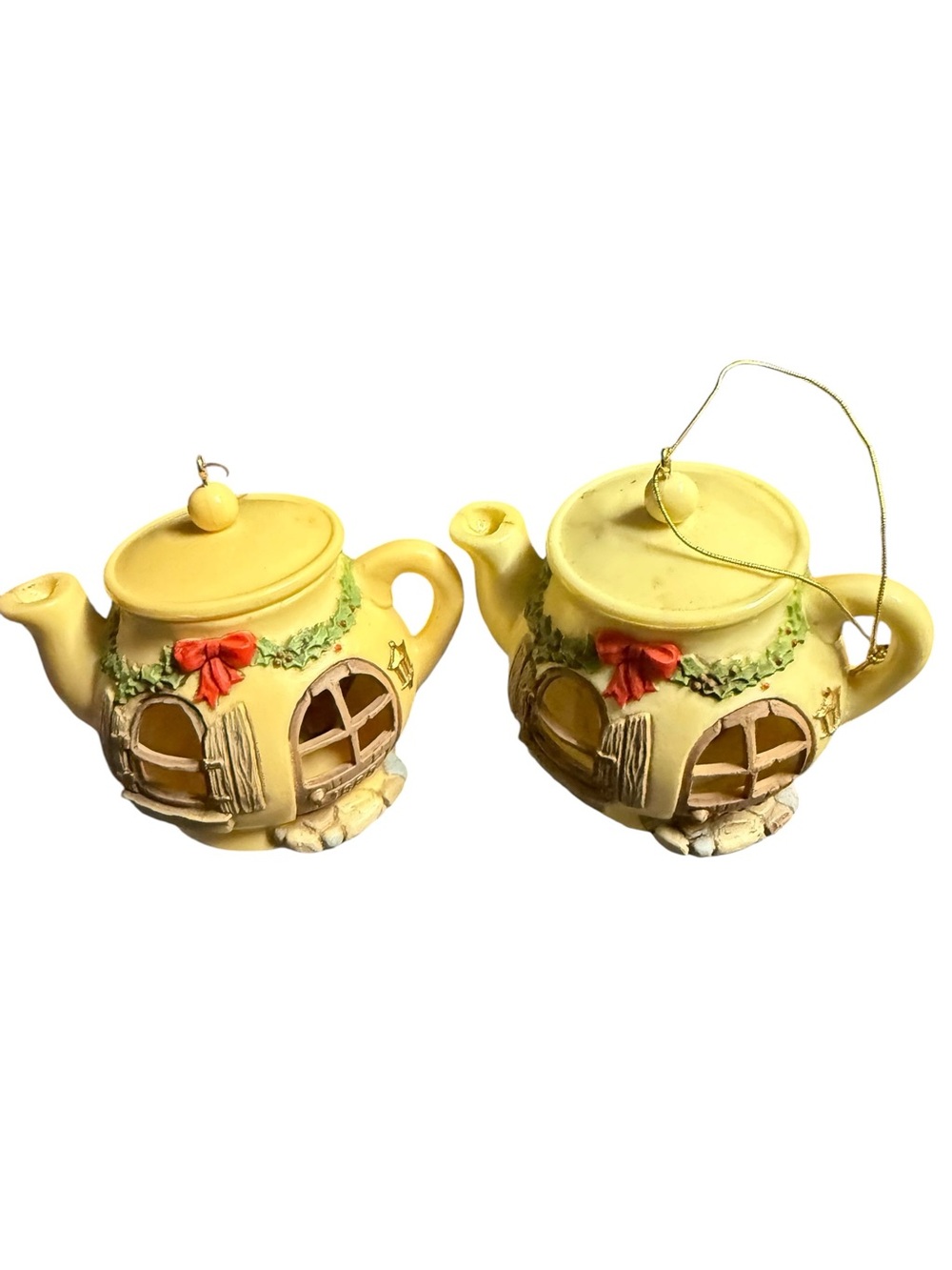 Vintage‎ 1980 Hallmark Keepsake Teapot House Christmas Ornaments Set of 2 Yellow